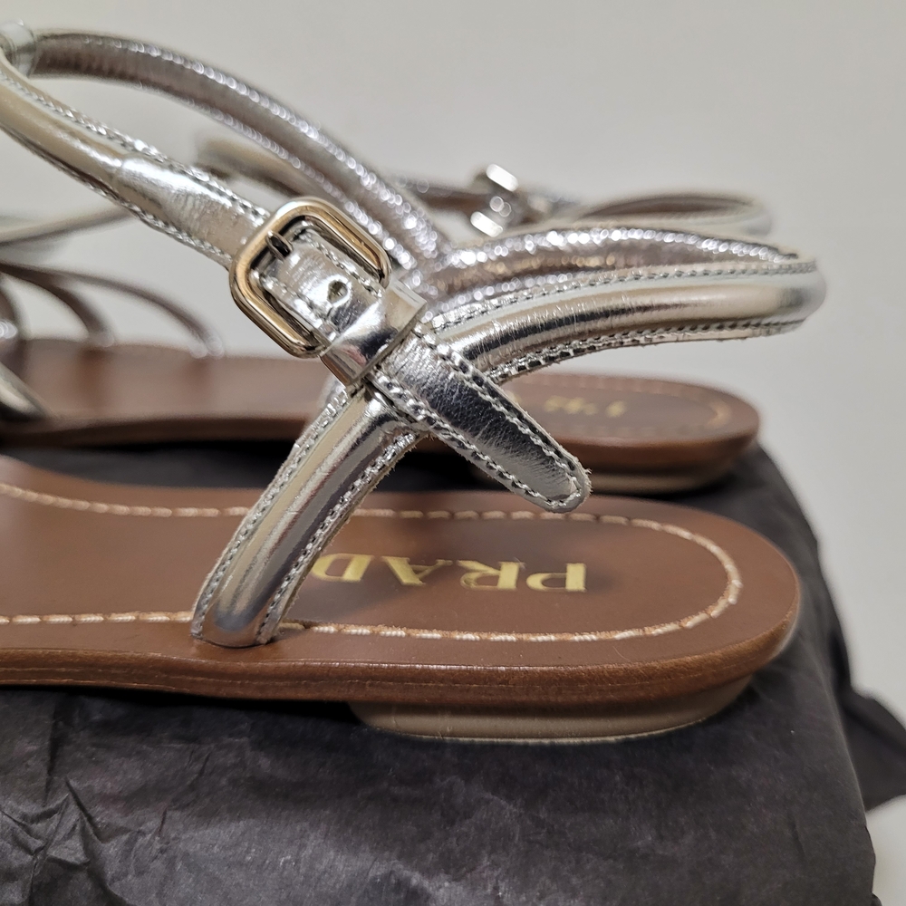 New Prada Leather Bow Logo Silver Sandals - Picture 8 of 11
